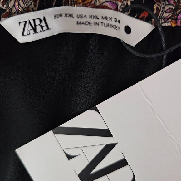 ZARA New Paisley Floral Print Metallic Boho Tiered Full Black Midi Skirt - Picture 3 of 13